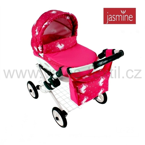 Růžový kočárek pro panenky velký Jasmine Kids 23 Jednorožec
